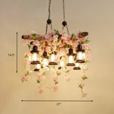 Lámpara de araña estilo farol vintage con luz colgante de flores LED de madera en rosa - 3/6/8 cabezas, 21,5"/27"/30" de ancho